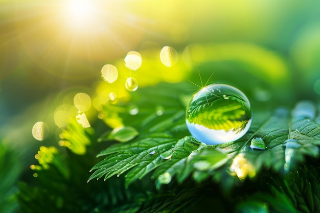 Beauty transparent drop of water on a green leaf macro with sun glare Beautiful artistic image of e
