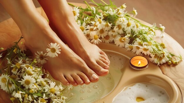 Beauty treatment of a female feet with camomiles flower around it