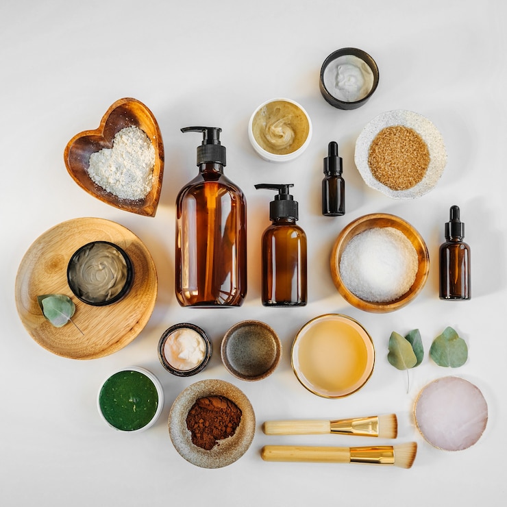 Photo beauty treatment ingredients for making homemade skin care cosmetic mask. various bowl with clay, cream, essential oil and natural ingredients  on white table background. organic spa cosmetic products