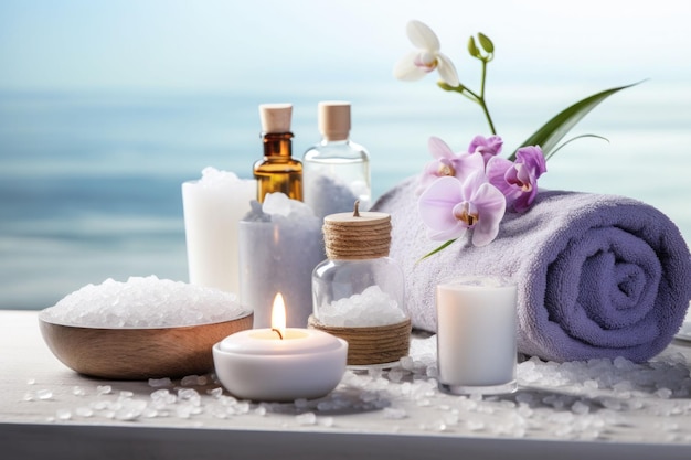 Beauty treatment items for spa procedures Massage stones essential oils and sea salt Generative AI