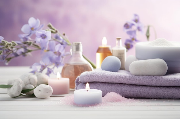 Beauty treatment items for spa procedures Massage stones essential oils and sea salt Generative AI