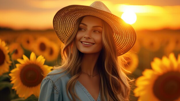 Beauty view beautiful young woman wearing a straw hat in the sunflower field at sunset