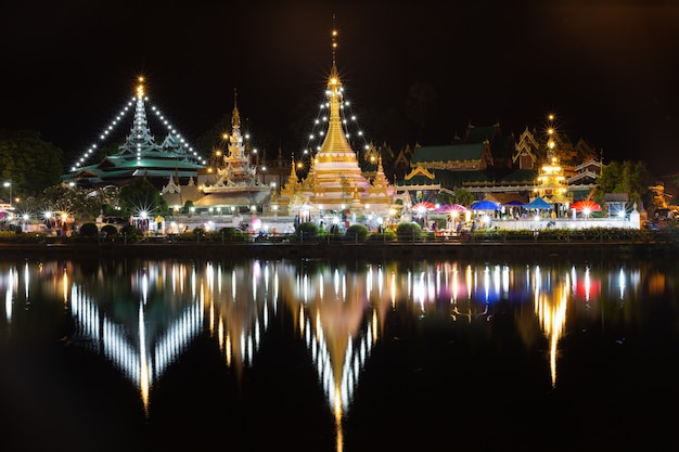 The beauty of Wat Chong Klang and Wat Chong Kham temples in Mae Hong Son the night, Thaila