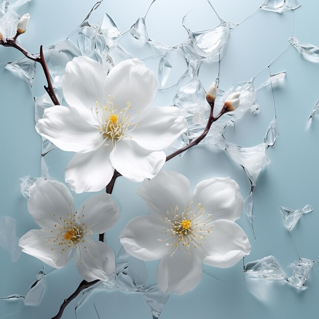 beauty of white flowers in a shattered mirror wallpaper luxury background AI generated