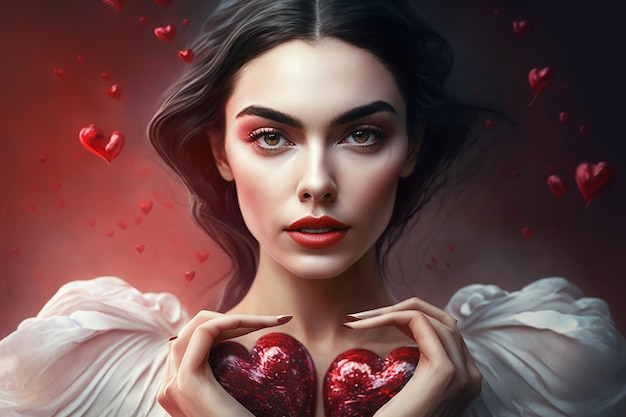 Beauty with perfect makeup with airy valentine hearts around Realistic ilustration Generative AI