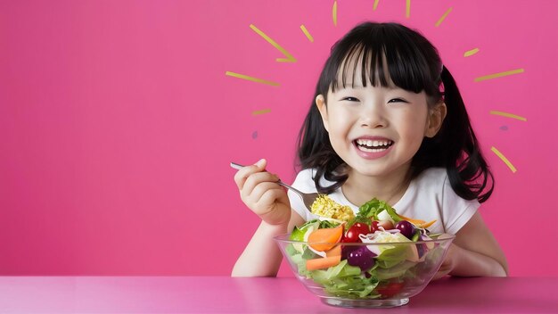 アジアの美しい女性 麗な女の子 ダイエット食品を食べて幸せに感じる ピンクのバックグラウンドで健康のために新鮮なサラダ