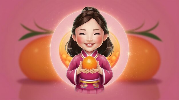 Photo beauty woman asian cute girl feel happy holdind orange fruit for good health on pink background