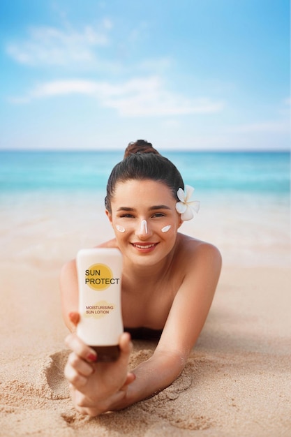 Beauty Woman in Bikini Holding Bottles of Sunscreen in Her Hands Skincare