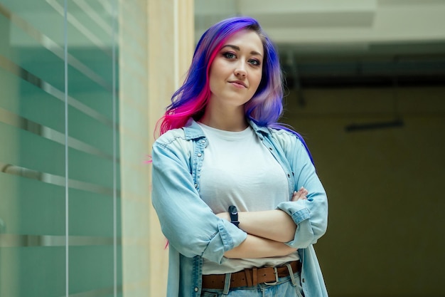 Beauty woman creativity colored hair stylist wearing oversized jacket and ripped jeans