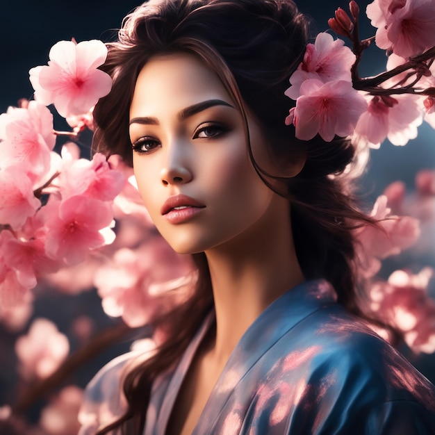 Photo beauty woman face in blossombeauty woman face in blossom