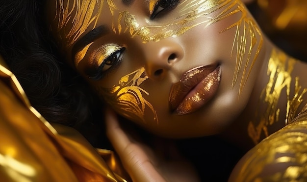 Beauty woman painted in gold skin color body gold makeup lips eyelids in gold color paint