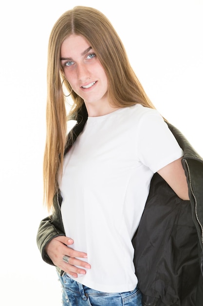 Beauty woman portrait of teen girl beautiful cheerful with open jacket on white tshirt empty