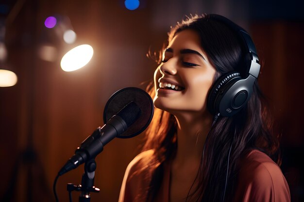 Beauty woman recording a song in studio