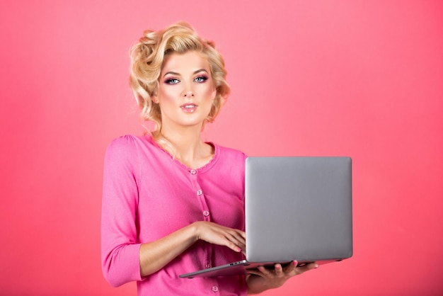 Beauty woman using laptop computer isolated background sexy secretary