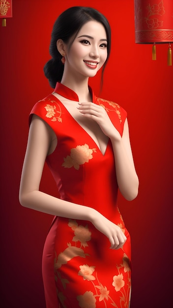 Красивая женщина в красном Cheongsam счастливые улыбающиеся изображения с AI сгенерированы