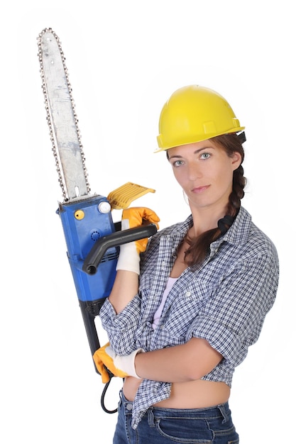 Beauty woman with chainsaw