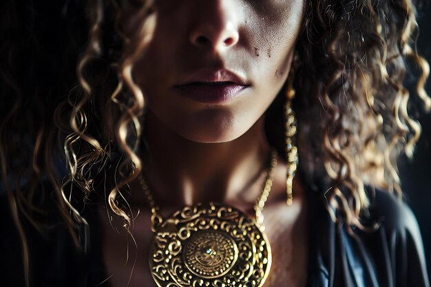 Photo beauty woman with golden jewelry in studio