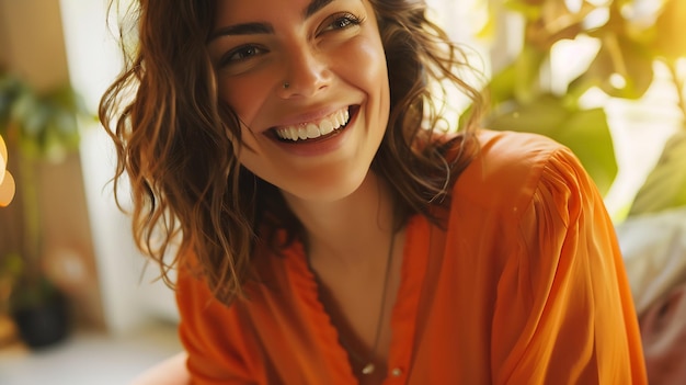 Beauty woman with perfect white teeth and smile wearing an orange blouse looking at Generative AI