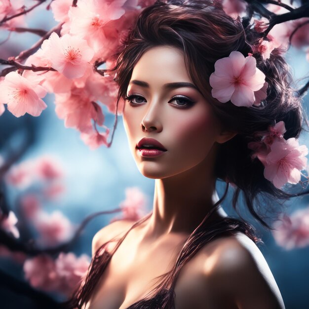 Photo beauty woman with sakura tree blossombeauty woman with sakura tree blossom