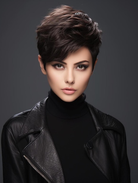 beauty woman with short hair posing in studio