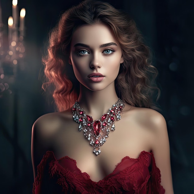 A beauty women wearing ruby jewelry