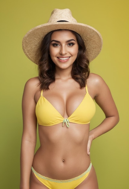 beauty young Woman model smiling straw hat hands on hips Professional studio photo wear bikini