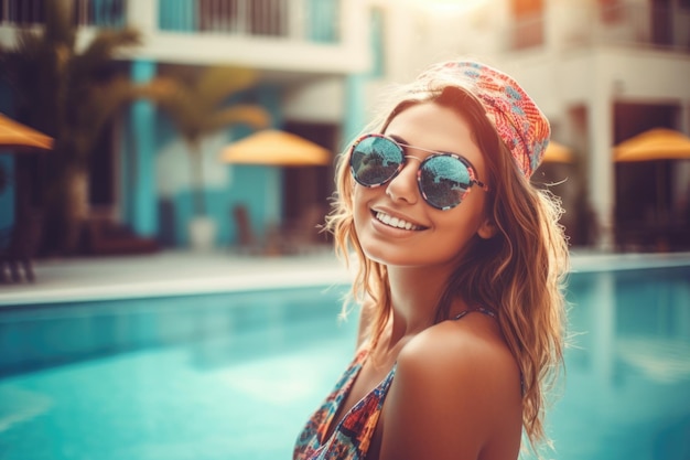 Beauty young woman in sunglasses enjoying with her summer vacation at swimming pool generative ai