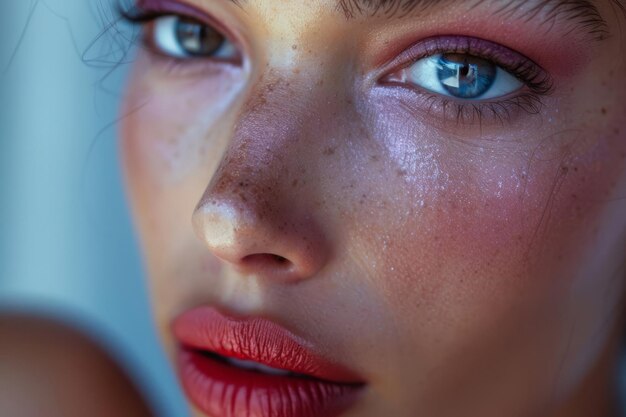 Beauty young woman with eye makeup vibrant lip color and glowy skin Generative AI