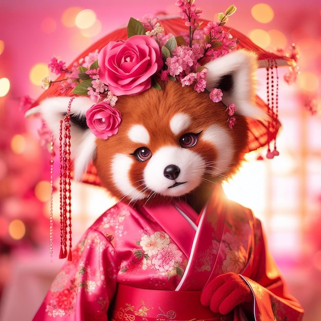 핑크색 꽃 로브를 입은 아름다운 여성 게이샤 판다.