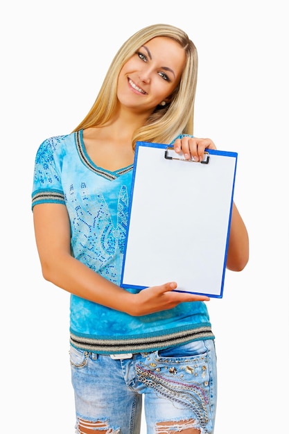 Beautyful female holding clipboard isolated