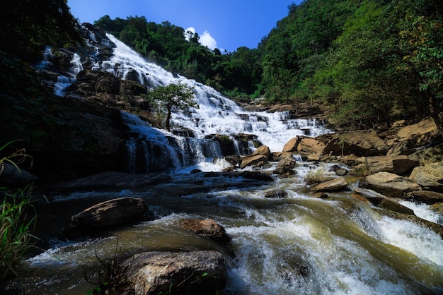 Beautyful landscape wide angle shot Mea Ya Waterfall in the rain season at Doi Inthanon National park north of Chiang Mai Province Thailand