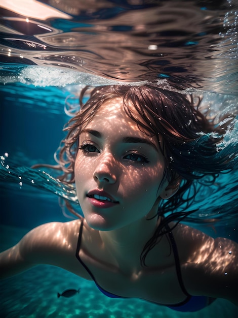 A beautyful woman swimming underwater generated by ai