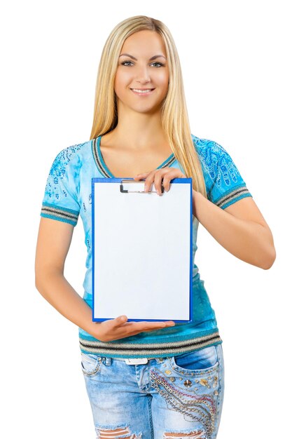 Beautyful young girl holding clipboard