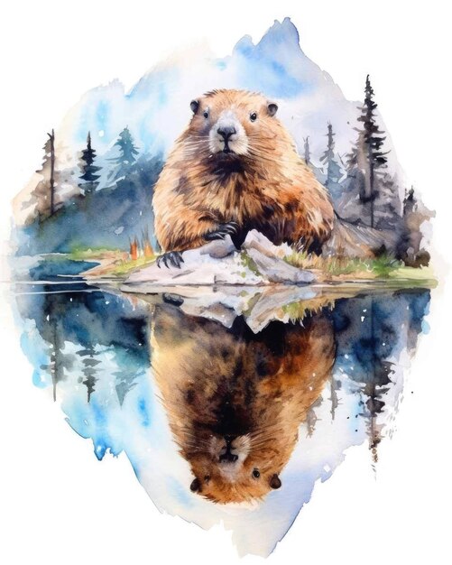 Beaver double exposure of a beaver and nature mountains trees in watercolor art