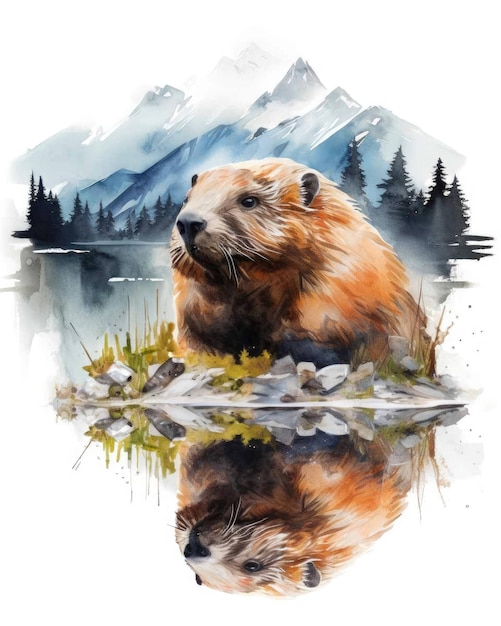 Beaver Double exposure of a Beaver and nature mountains trees in watercolor art