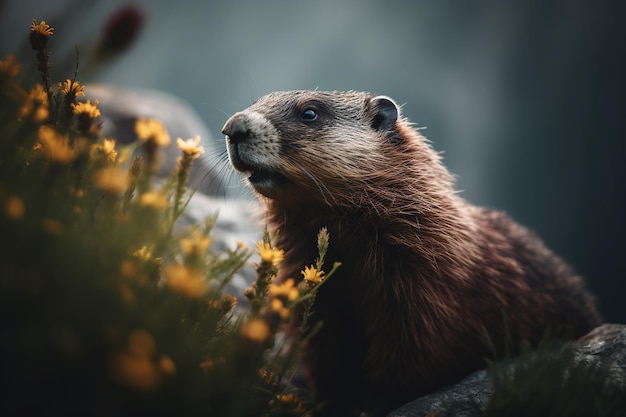 A beaver in a field of flowers