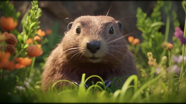 A beaver in a field with flowers and a sign that says'the word beaver '