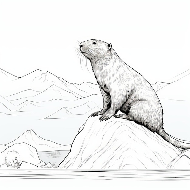 Photo beaver on glacier linear perspective illustration with bold outline