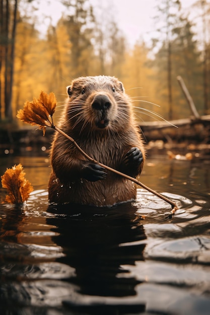 Photo a beaver is holding a stick in the water