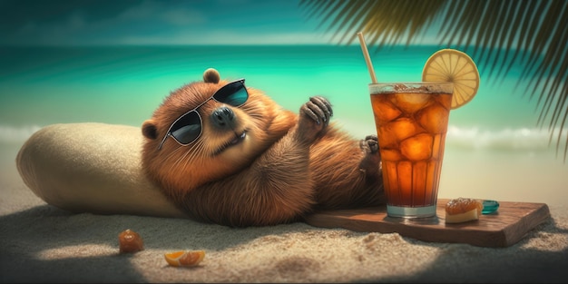 Beaver is op zomervakantie in een badplaats en ontspant op het zomerstrand