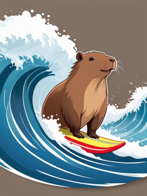 Photo a beaver is riding a surfboard in the water