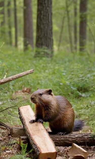 Photo a beaver is standing on a log in the woods