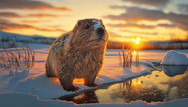 Photo a beaver is standing in the snow with the sun behind him