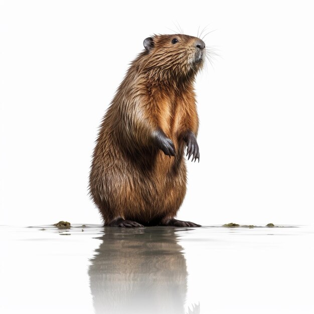 a beaver is standing in the water and looking at the camera.