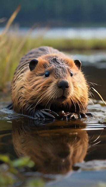 A beaver is standing in the water looking up ai generative photo