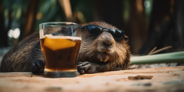 Beaver is on summer vacation at seaside resort and relaxing on summer beach