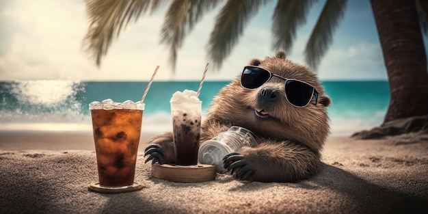 Beaver is on summer vacation at seaside resort and relaxing on summer beach