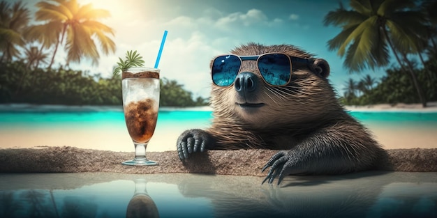 Beaver is on summer vacation at seaside resort and relaxing on summer beach