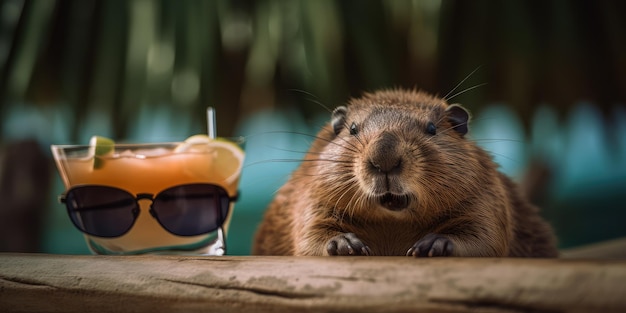 Beaver is on summer vacation at seaside resort and relaxing on summer beach