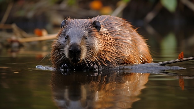 A beaver is swimming in a pond with his eyes open